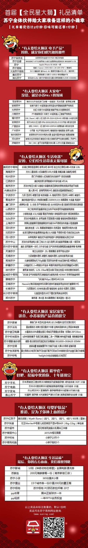 雙十一蘇寧再啟“全民星大獅”，據(jù)傳獎(jiǎng)品比錦鯉誘人