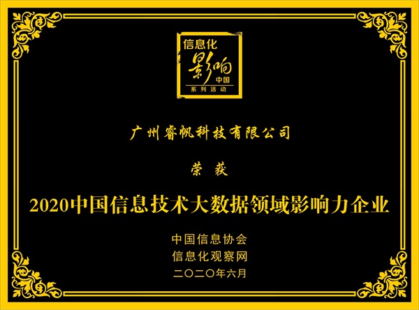 喜訊！睿帆科技榮獲2020中國(guó)信息技術(shù)大數(shù)據(jù)領(lǐng)域影響力企業(yè)