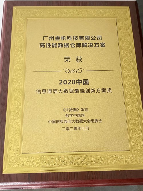 睿帆科技數(shù)倉(cāng)解決方案，榮獲2020中國(guó)信通會(huì)大數(shù)據(jù)最佳創(chuàng)新方案獎(jiǎng)