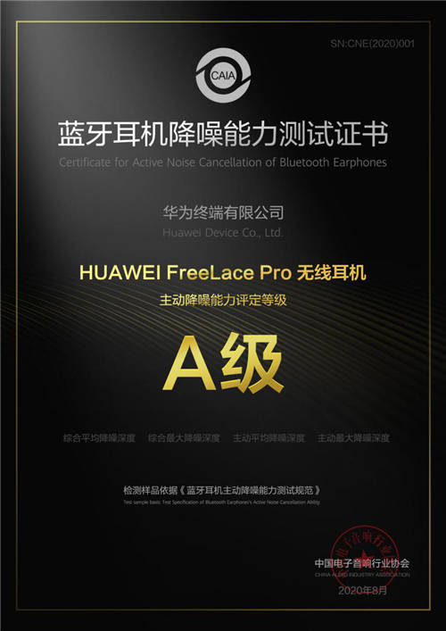 首個藍牙耳機主動降噪能力A級認證 ?華為FreeLace Pro實至名歸