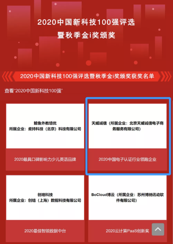 天威誠信入選2020中國新科技100強并榮獲“2020中國電子認證行業(yè)領(lǐng)跑企業(yè)”獎項