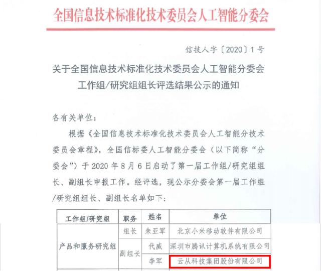 云從科技當選全國信標委人工智能分委會副組長