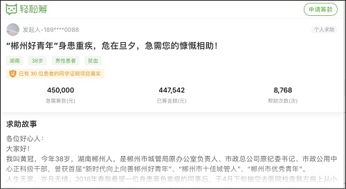 郴州市民刷圈拯救“郴州好青年” 輕松籌上快速匯聚起近45萬(wàn)善款