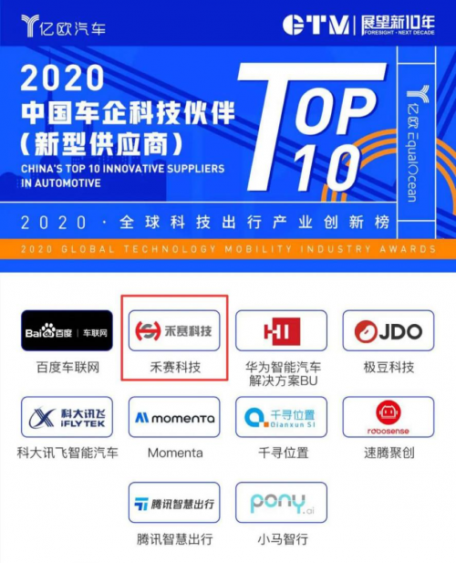 喜訊！禾賽科技入選《2020中國(guó)車企科技伙伴TOP10》