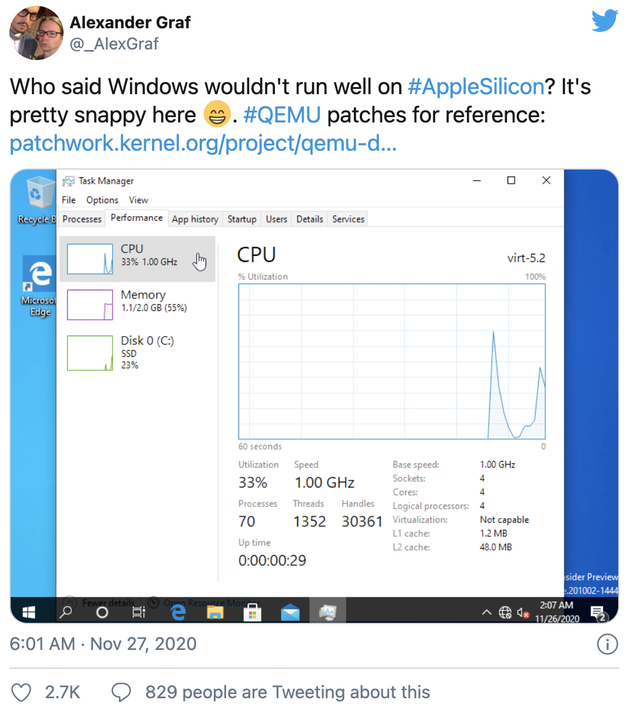 國外工程師在M1設(shè)備上成功運(yùn)行Win 10