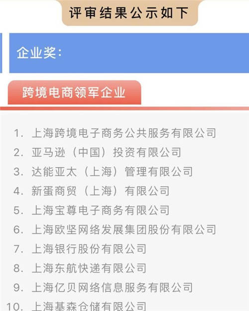 亞馬遜、新蛋、億貝入選上?？缇畴娚?020年度十大領(lǐng)軍企業(yè)榜單