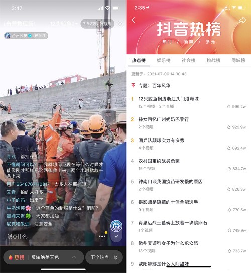 12頭鯨魚擱淺臺(tái)州牽動(dòng)人心，抖音直播全程直擊救援行動(dòng)