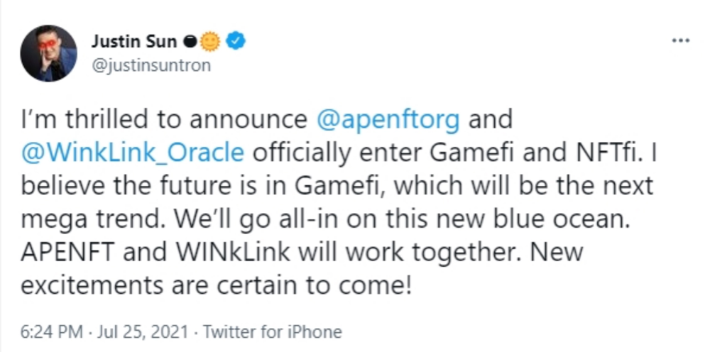 孫宇晨再落一子，APENFT和WINkLink要攜手布局GameFi了？