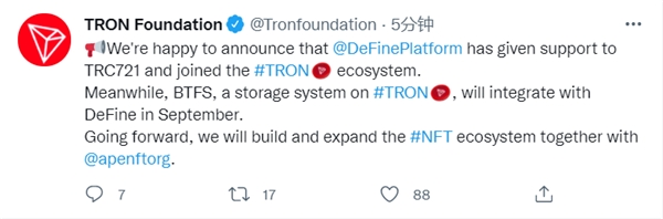 社交NFT平臺DeFine正式登陸波場，社交檔案系統(tǒng)引入TRON生態(tài)