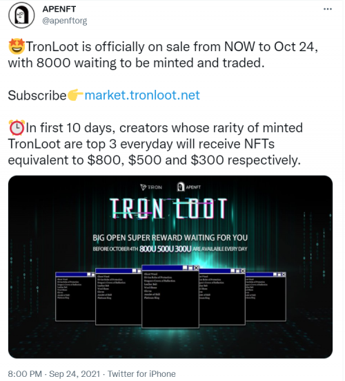 APENFT推出波場鏈上首個Loot盲盒，為NFT賽道提供更多可能性