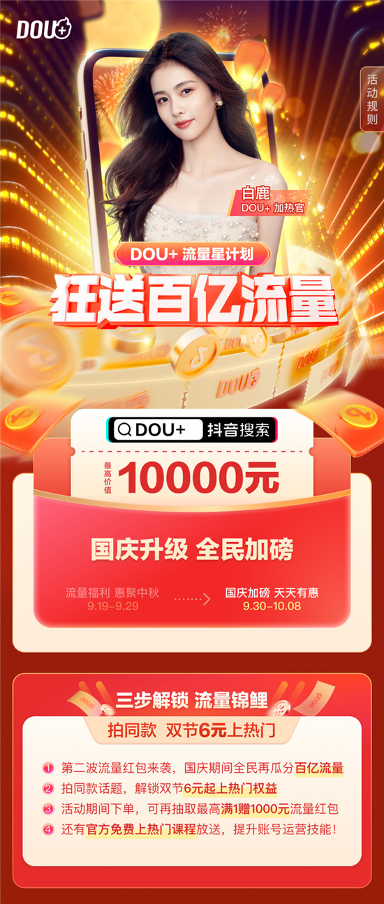 DOU+“流量星計(jì)劃”國(guó)慶再升級(jí)，百億流量送不停