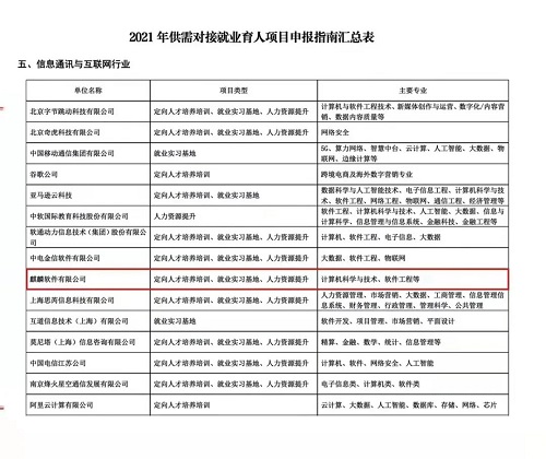 首批項目征集！麒麟軟件入選2021年教育部供需對接就業(yè)育人項目申報指南