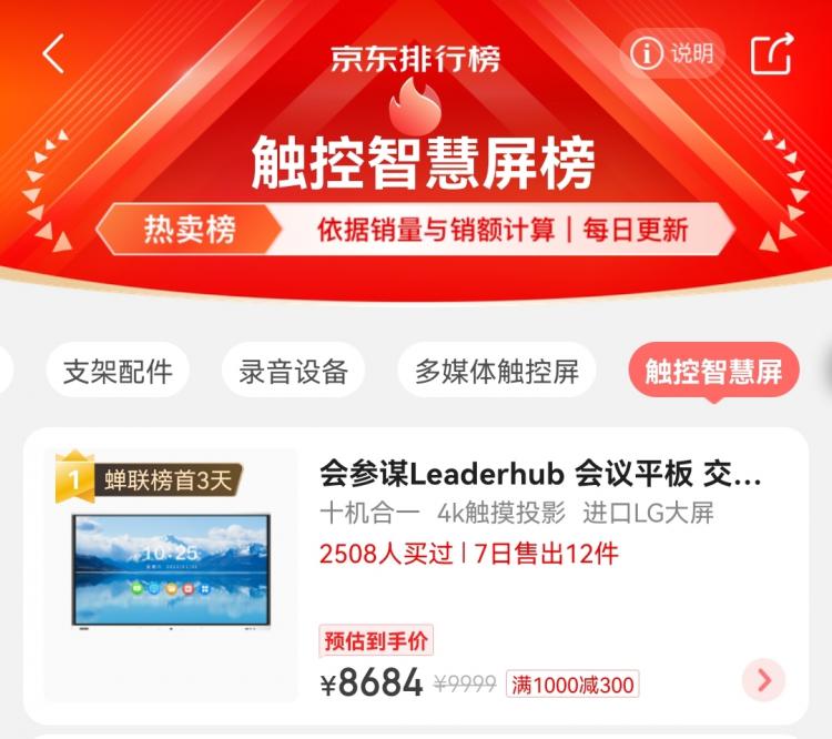 盤點會議平板觸摸智慧屏京東熱賣榜，會參謀蟬聯(lián)榜首
