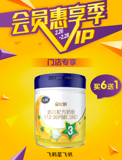 蘇寧紅孩子會員日門店特惠，飛鶴星飛帆奶粉買6送1
