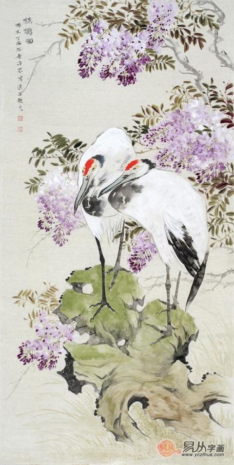 名家國畫紫藤圖，美女畫家許芬紫藤花鳥畫賞析