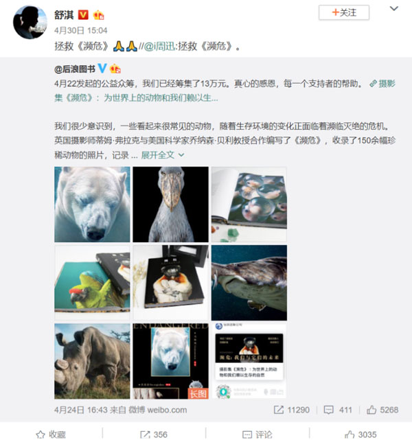 攝影集《瀕危》獲周迅舒淇發(fā)聲支持，摩點為改善瀕危動物生存環(huán)境助力