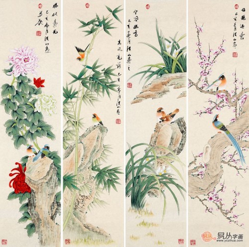 客廳背景墻上的掛畫，名家手繪花鳥國畫更受歡迎