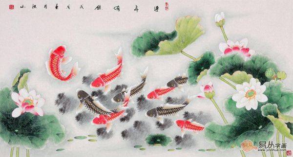 當(dāng)代擅畫九魚圖的畫家，張洪山工筆荷花九魚圖作品大全