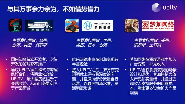 UPLTV受邀分享游戲出?！叭壳?/></p><p>UPLTV專注游戲出海廣告服務(wù)，自研聚合廣告產(chǎn)品接入多家廣告平臺，運(yùn)用先進(jìn)的算法優(yōu)化廣告邏輯，顯著提升廣告收益并可實現(xiàn)精準(zhǔn)用戶級廣告收益拆分。同時，我們始終秉持公開誠信的服務(wù)理念，竭力幫助多的游戲開發(fā)者們，賦能中國創(chuàng)造的游戲綻放全球。</p><p><strong>寫在最后</strong></p><p>游戲出海大體可分為三步驟：首先，了解移動游戲市場，開發(fā)者需要結(jié)合自身情況，選擇適合的市場方向。建議開發(fā)者選擇“內(nèi)購+廣告”的混合變現(xiàn)模式，最大化收益。其次，理解用戶的喜好，發(fā)現(xiàn)不同出海市場競爭情況和品類優(yōu)勢，專注投入一個適合自己的游戲品類，成功概率會更高。最重要的是，找到自身優(yōu)勢，牢記產(chǎn)品+買量+變現(xiàn)是成功產(chǎn)品的鐵三角定律，調(diào)整好變現(xiàn)優(yōu)化的每個細(xì)節(jié)，再從買量端突破實現(xiàn)收益躍升。</p>              	<p style=