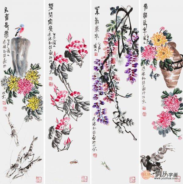誰的作品值得收藏？齊派藝術(shù)佳作 樸喆寫意花鳥畫四條屏