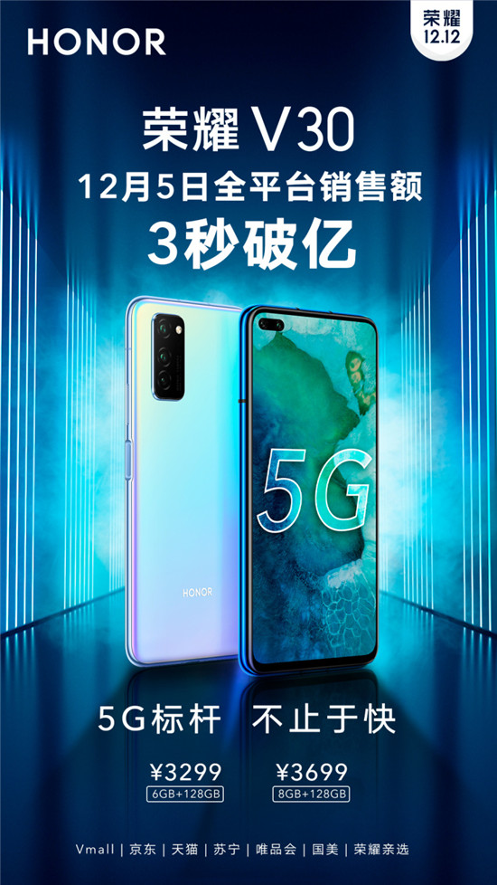 榮耀V30今日首銷：全平臺3秒破億！雙模5G+相機(jī)矩陣遭瘋狂追捧