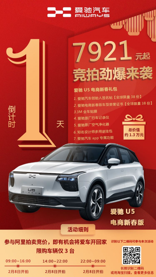 迎春送喜 參與阿里競(jìng)拍購(gòu)車 “7921”元就能將愛(ài)馳U5電商新春版開(kāi)回家
