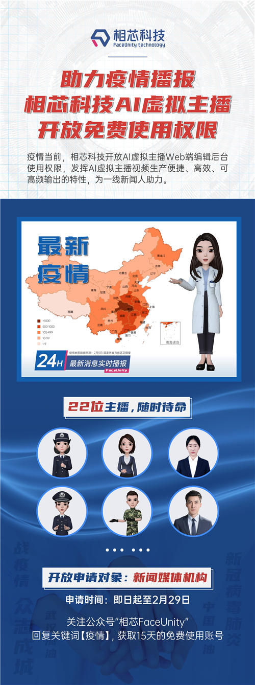 戰(zhàn)疫情，相芯面向媒體機(jī)構(gòu)開放AI虛擬主播免費(fèi)使用權(quán)限