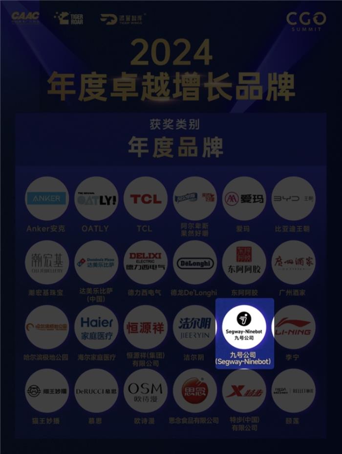 科技驅(qū)動增長，九號公司斬獲年度卓越增長品牌獎